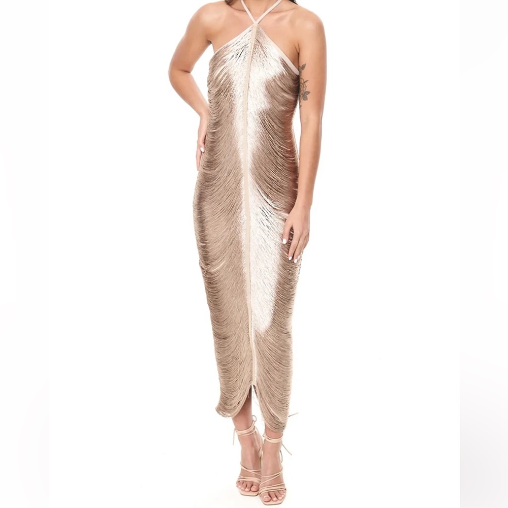 Rare London Gold Fringe Detail Halter Maxi Dress size UK 10